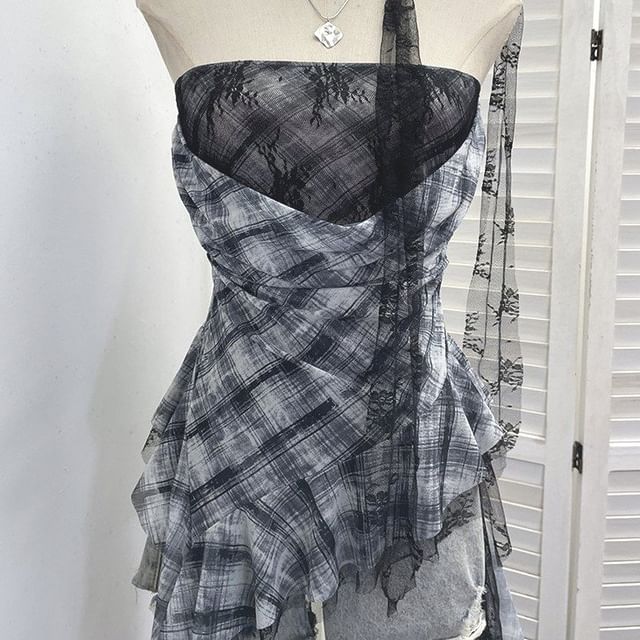 Plaid Lace Panel Ruffle-Trim Strapless Tube