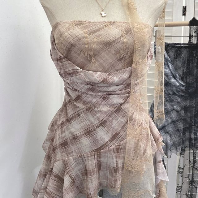 Plaid Lace Panel Ruffle-Trim Strapless Tube