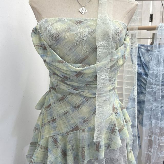 Plaid Lace Panel Ruffle-Trim Strapless Tube