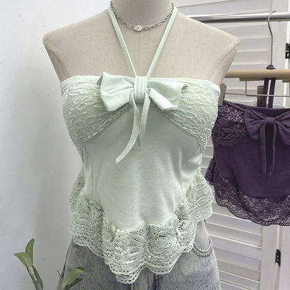 Lace-Trim Crop Halter Neck Camisole
