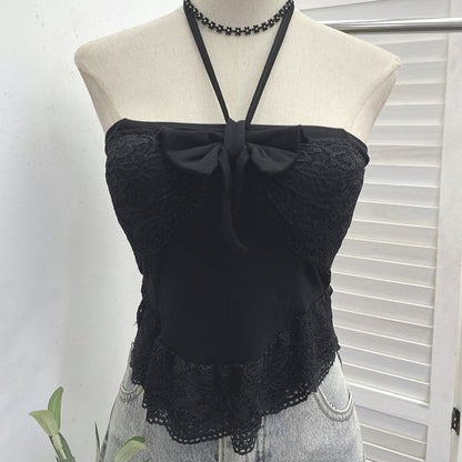 Lace-Trim Crop Halter Neck Camisole