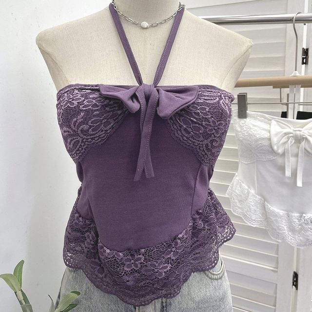 Lace-Trim Crop Halter Neck Camisole