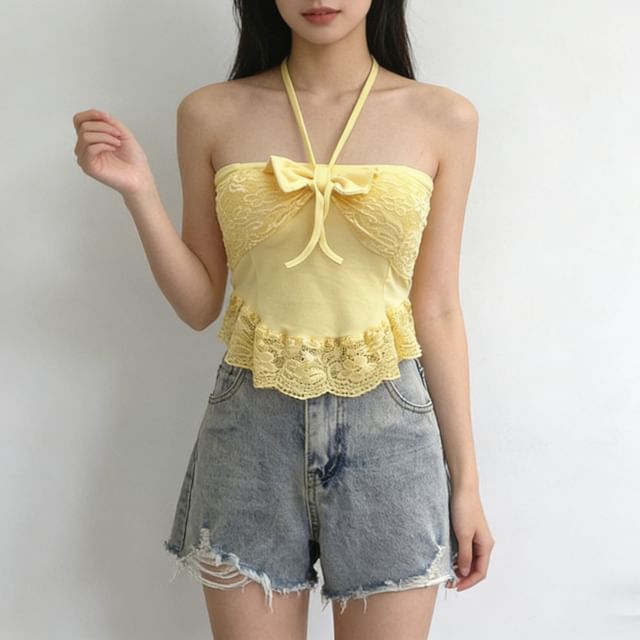 Lace-Trim Crop Halter Neck Camisole