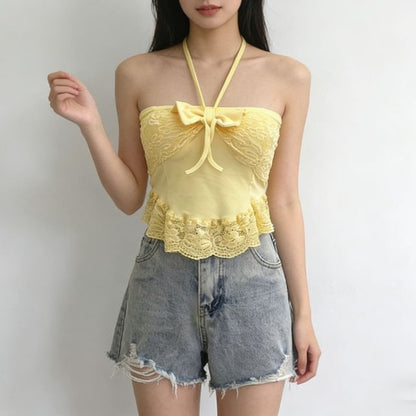 Lace-Trim Crop Halter Neck Camisole