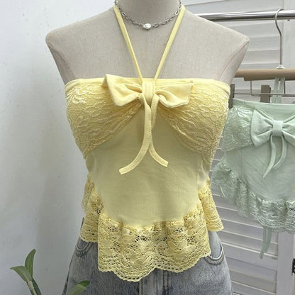 Lace-Trim Crop Halter Neck Camisole