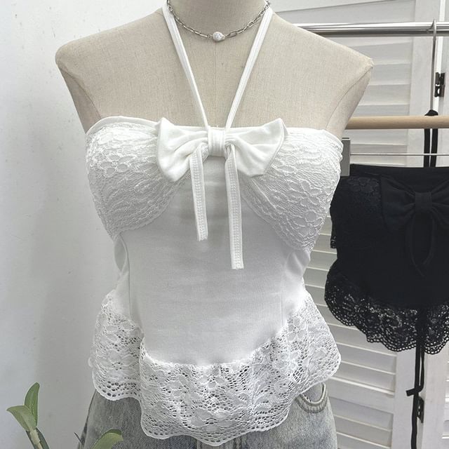 Lace-Trim Crop Halter Neck Camisole