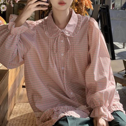 Long-Sleeve Plaid Lace Trim Shirt