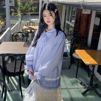 Long-Sleeve Plaid Lace Trim Shirt