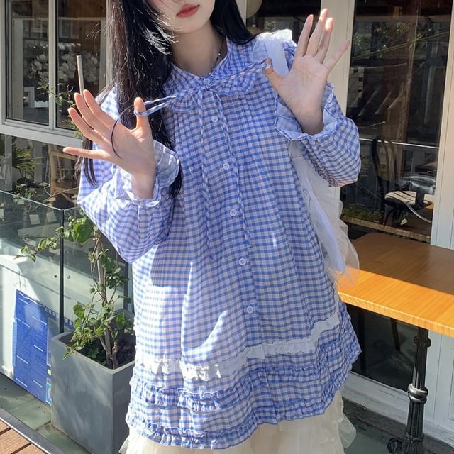 Long-Sleeve Plaid Lace Trim Shirt