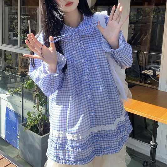 Long-Sleeve Plaid Lace Trim Shirt
