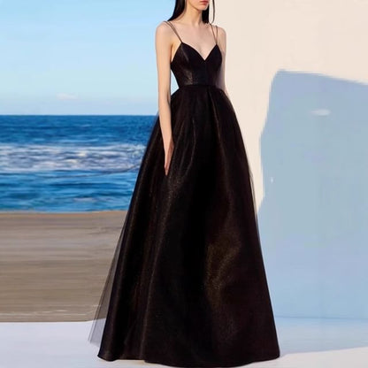 Spaghetti Strap V-Neck Plain A-Line Evening Gown