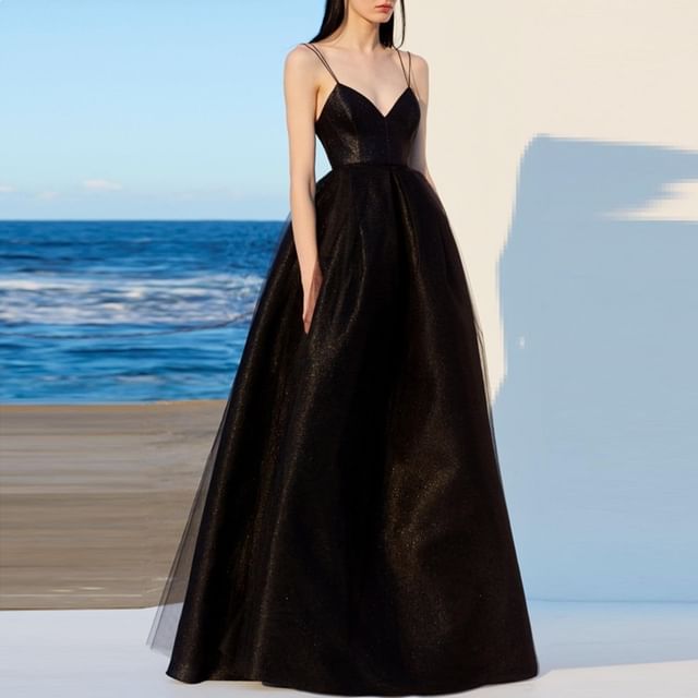 Spaghetti Strap V-Neck Plain A-Line Evening Gown