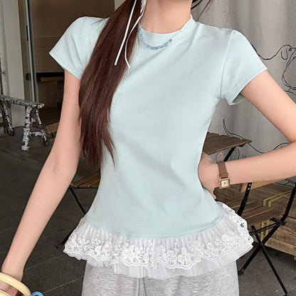 Ruffled Lace-Trim Cropped Crew Neck Tee