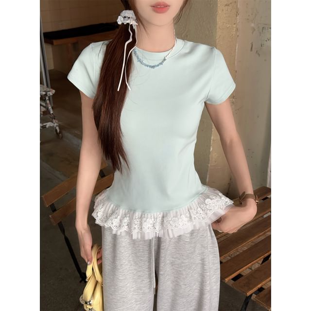 Ruffled Lace-Trim Cropped Crew Neck Tee