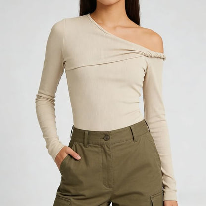 Off-Shoulder Twisted Detail Long-Sleeve Tee