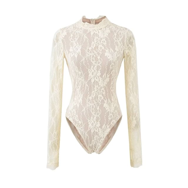 Lace Mock Neck Long-Sleeve Bodysuit Top