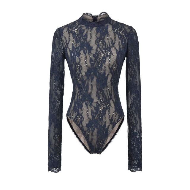 Lace Mock Neck Long-Sleeve Bodysuit Top
