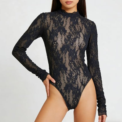 Lace Mock Neck Long-Sleeve Bodysuit Top