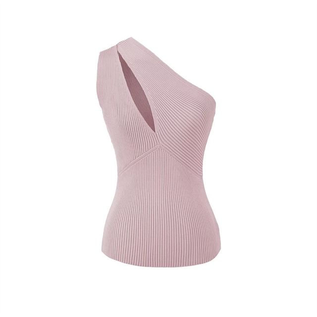 Sleeveless One Shoulder Solid Cutout Knit Top