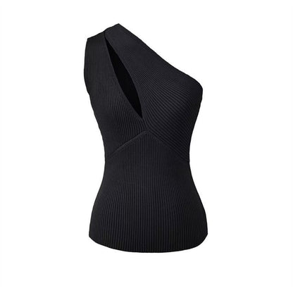 Sleeveless One Shoulder Solid Cutout Knit Top