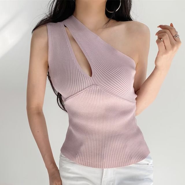 Sleeveless One Shoulder Solid Cutout Knit Top