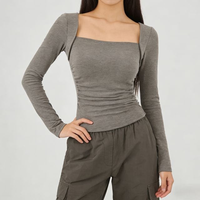 Ruched Square Neck Long-Sleeve Crop Tee