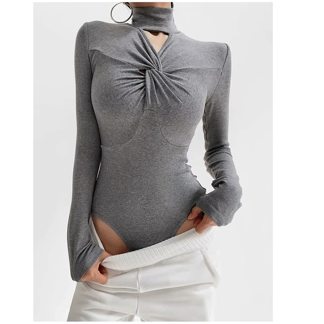 Twisted Mock Neck Long-Sleeve Bodysuit Top