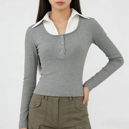 Collared Mock Two-Piece Long-Sleeve Polo