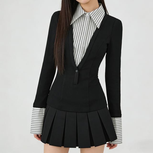 Striped Collared Long-Sleeve Mock Layer Top