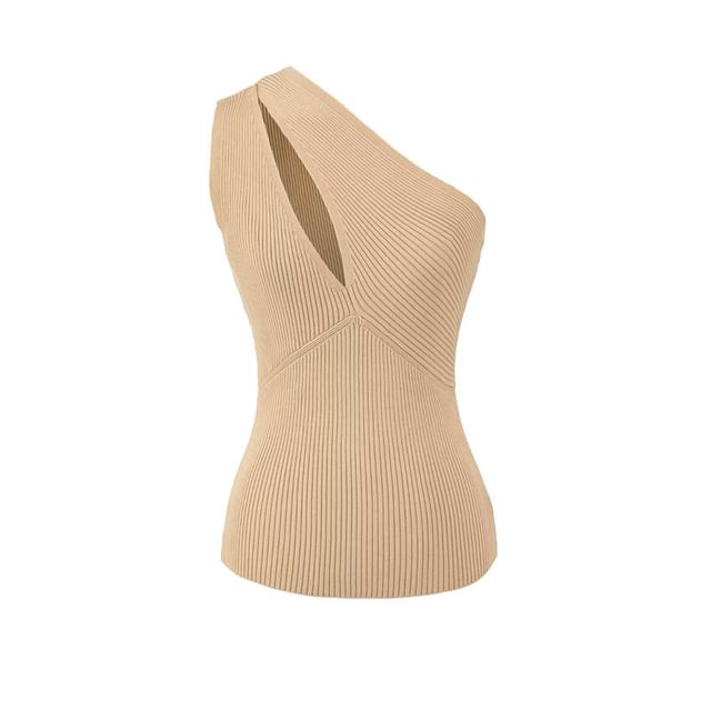 Sleeveless One Shoulder Solid Cutout Knit Top