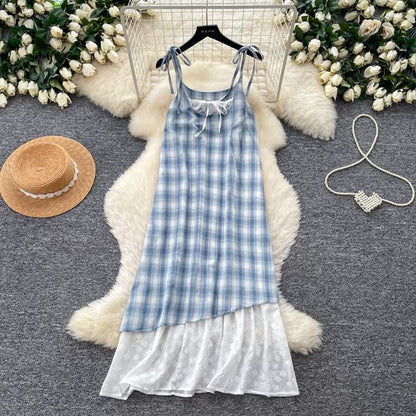 Spaghetti Strap Scoop Neck Plaid Lace Trim Midi A-Line Dress