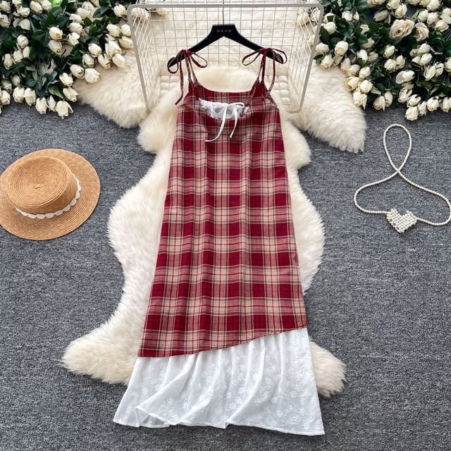 Spaghetti Strap Scoop Neck Plaid Lace Trim Midi A-Line Dress