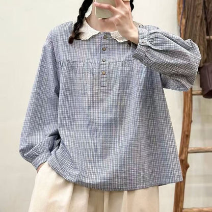 Long-Sleeve Lace Collar Plaid Blouse