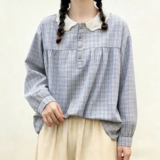 Long-Sleeve Lace Collar Plaid Blouse