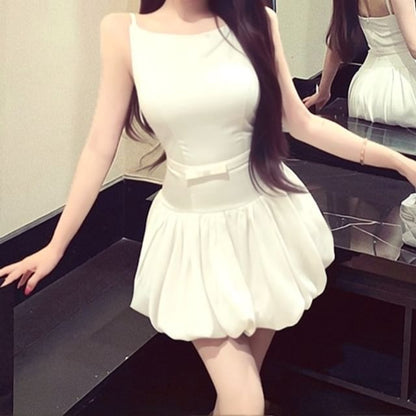 Set: Spaghetti Strap Boat Neck Plain Bubble Hem Open Back Mini A-Line Dress + Belt