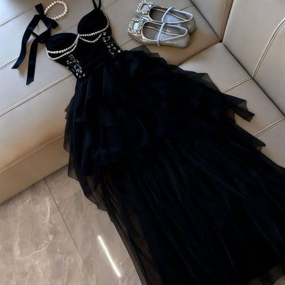 Spaghetti Strap V-Neck Faux Pearl Chained Mesh High Low A-Line Dress