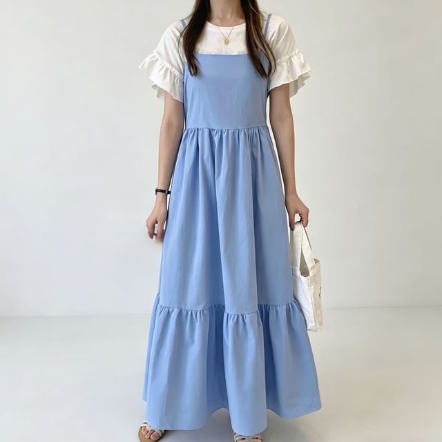 Spaghetti Strap Plain Gathered Panel Maxi A-Line Dress