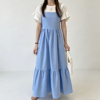 Spaghetti Strap Plain Gathered Panel Maxi A-Line Dress