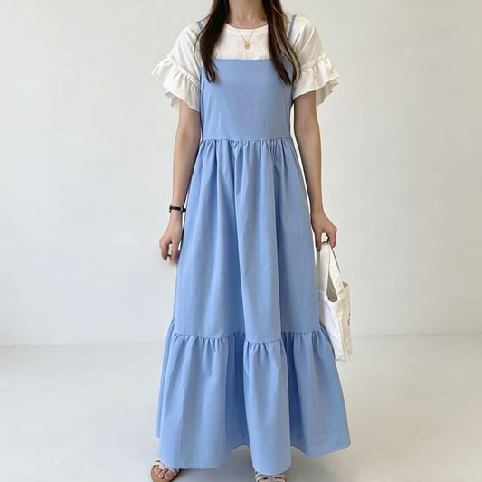 Spaghetti Strap Plain Gathered Panel Maxi A-Line Dress
