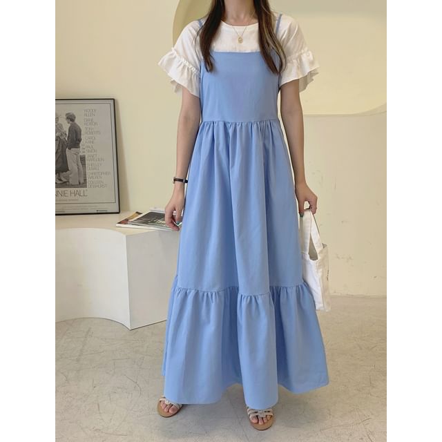 Spaghetti Strap Plain Gathered Panel Maxi A-Line Dress
