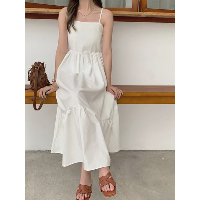 Spaghetti Strap Plain Gathered Panel Maxi A-Line Dress