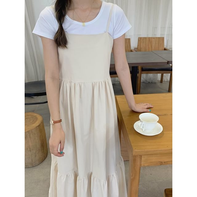 Spaghetti Strap Plain Gathered Panel Maxi A-Line Dress