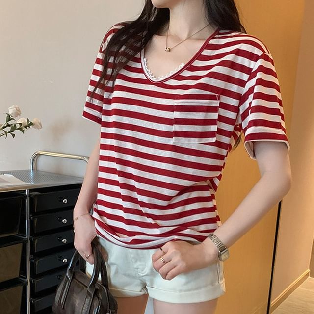 Short-Sleeve V-Neck Striped Lace Trim T-Shirt