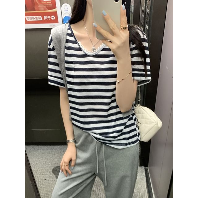 Short-Sleeve V-Neck Striped Lace Trim T-Shirt