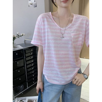Short-Sleeve V-Neck Striped Lace Trim T-Shirt