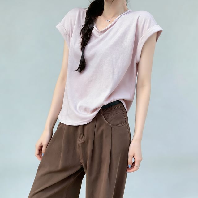 Short-Sleeve V-Neck Plain Lace Trim T-Shirt