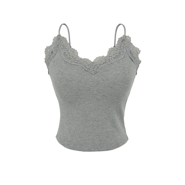 V-Neck Lace Trim Plain Camisole Top