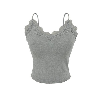 V-Neck Lace Trim Plain Camisole Top