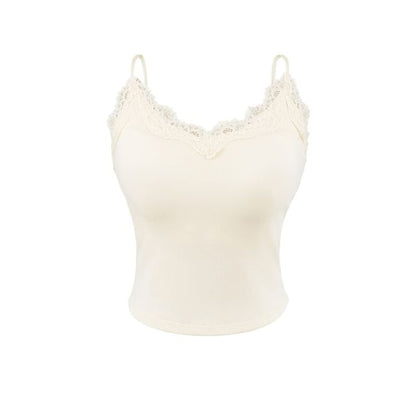 V-Neck Lace Trim Plain Camisole Top
