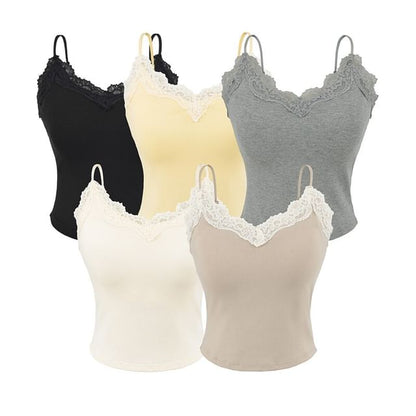 V-Neck Lace Trim Plain Camisole Top